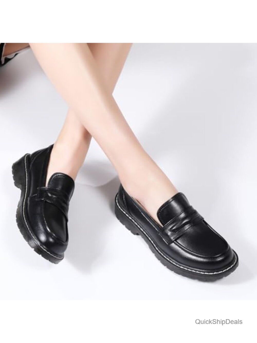 XMM Women's Chunky Loafers Faux Leather Slip On Lug Sole Penny Flats Business - Picture 4 of 6